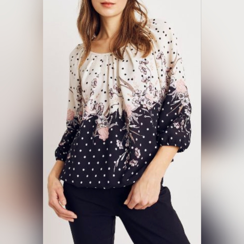 Sara Michelle Women's Polka Dot Border Crepe Bubble Blouse Large